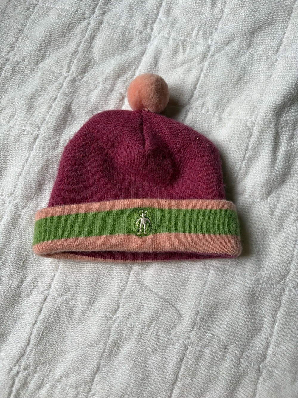 Smartwool Baby Pom-Pom Beanie Hat in Burgundy, Pink & Green